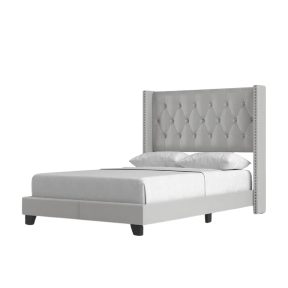 Grey faux leather full size upholstered bed with button-tufted wingback headboard, nailhead trim, and center support legs.