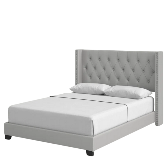 Grey faux leather full size upholstered bed with button-tufted wingback headboard, nailhead trim, and center support legs.
