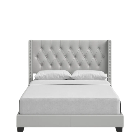 Grey faux leather full size upholstered bed with button-tufted wingback headboard, nailhead trim, and center support legs.