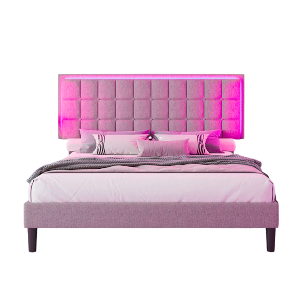 Grey full size button-tufted upholstered platform bed with LED lighted headboard and built-in charging ports.