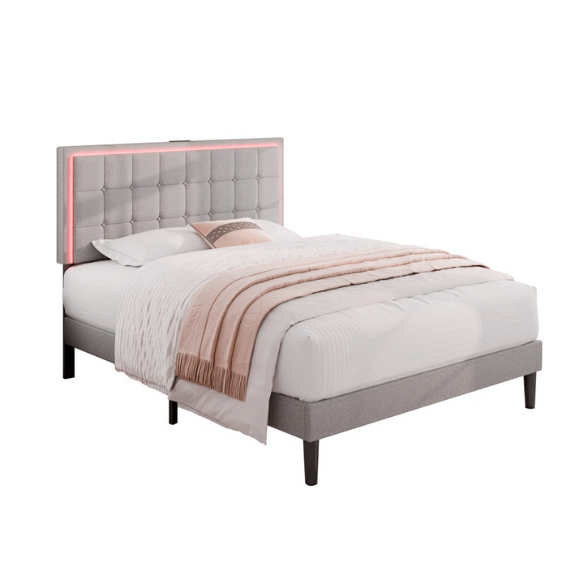 Grey full size button-tufted upholstered platform bed with LED lighted headboard and built-in charging ports.