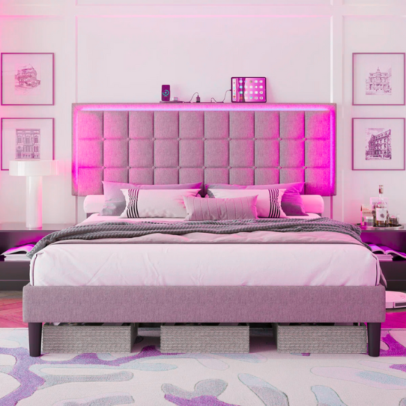 Grey full size button-tufted upholstered platform bed with LED lighted headboard and built-in charging ports.