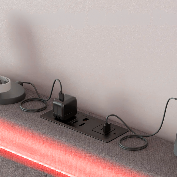 Grey full size button-tufted upholstered platform bed with LED lighted headboard and built-in charging ports.