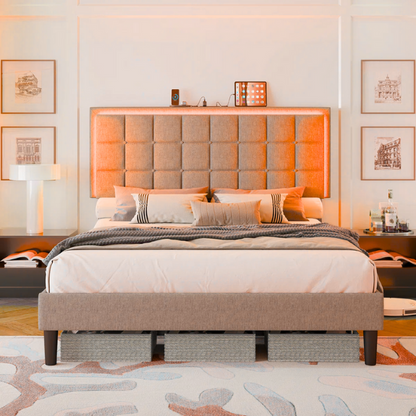 Grey full size button-tufted upholstered platform bed with LED lighted headboard and built-in charging ports.