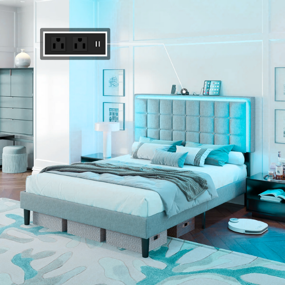 Grey full size button-tufted upholstered platform bed with LED lighted headboard and built-in charging ports.
