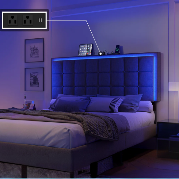 Grey full size button-tufted upholstered platform bed with LED lighted headboard and built-in charging ports.