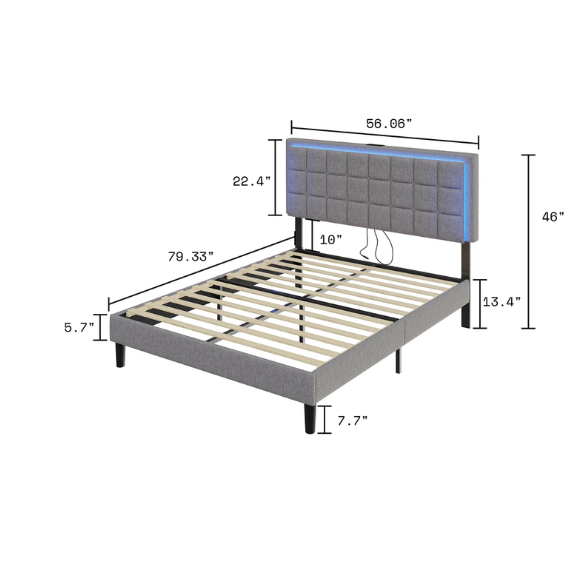 Grey full size button-tufted upholstered platform bed with LED lighted headboard and built-in charging ports.
