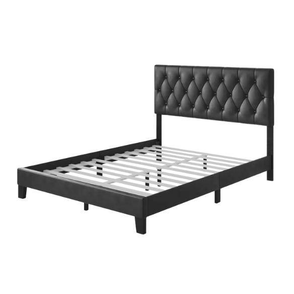 Grey full size upholstered platform bed with button-tufted faux leather headboard, solid wood frame, and center support legs.