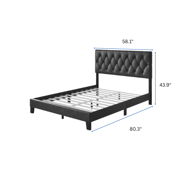 Grey full size upholstered platform bed with button-tufted faux leather headboard, solid wood frame, and center support legs.