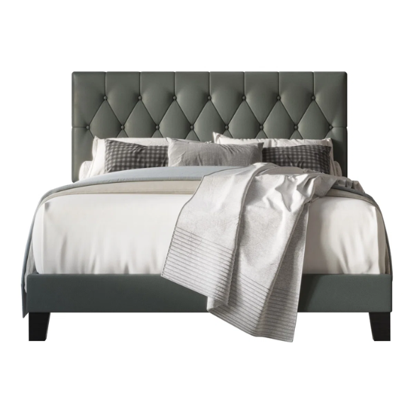 Grey full size upholstered platform bed with button-tufted faux leather headboard, solid wood frame, and center support legs.