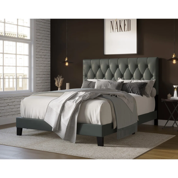 Grey full size upholstered platform bed with button-tufted faux leather headboard, solid wood frame, and center support legs.