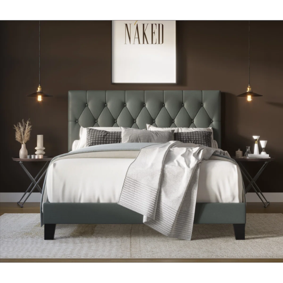 Grey full size upholstered platform bed with button-tufted faux leather headboard, solid wood frame, and center support legs.
