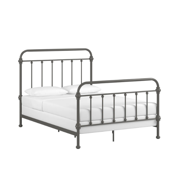 Grey full size metal bed frame with spindle headboard and footboard, decorative finials, and center support legs.