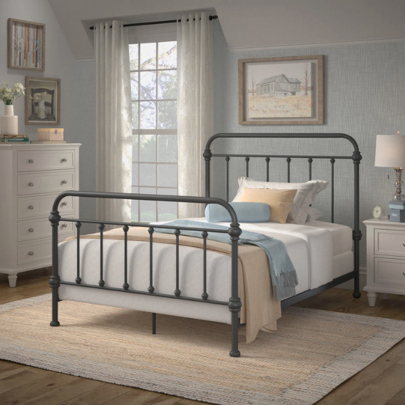 Grey full size metal bed frame with spindle headboard and footboard, decorative finials, and center support legs.