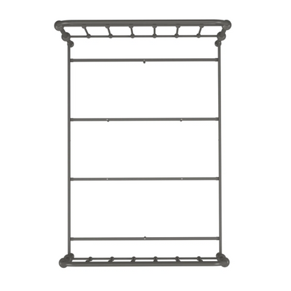 Grey full size metal bed frame with spindle headboard and footboard, decorative finials, and center support legs.
