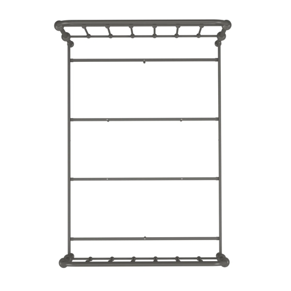 Grey full size metal bed frame with spindle headboard and footboard, decorative finials, and center support legs.