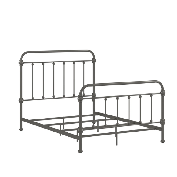 Grey full size metal bed frame with spindle headboard and footboard, decorative finials, and center support legs.