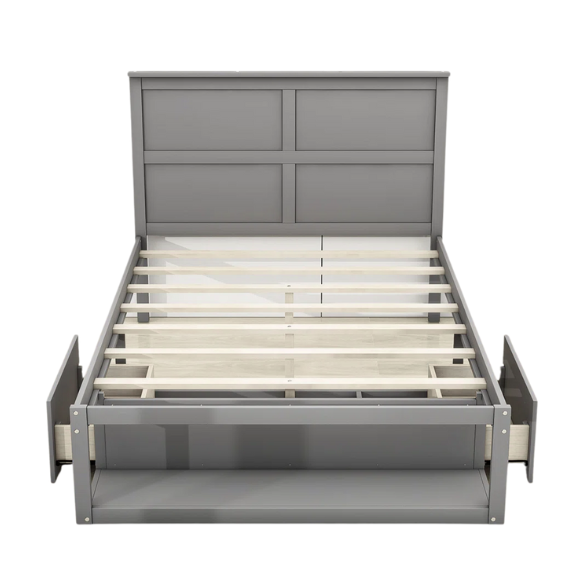 Modern grey full size platform bed with wooden headboard, two storage drawers, and built-in footboard shelf.

