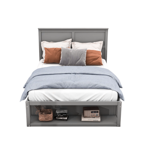 Modern grey full size platform bed with wooden headboard, two storage drawers, and built-in footboard shelf.

