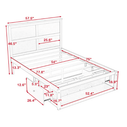Modern grey full size platform bed with wooden headboard, two storage drawers, and built-in footboard shelf.

