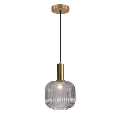 Grey glass pendant light with gold accent finishes, modern ceiling fixture for kitchen, dining room, and living room.