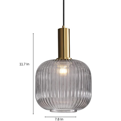 Grey glass pendant light with gold accent finishes, modern ceiling fixture for kitchen, dining room, and living room.