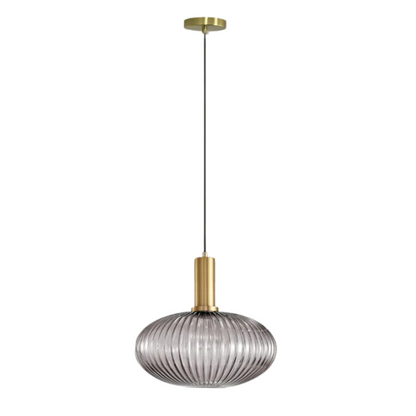 Modern grey glass pendant light with gold accents, industrial chandelier design for kitchen, dining room, and living room.