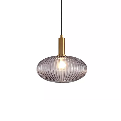 Modern grey glass pendant light with gold accents, industrial chandelier design for kitchen, dining room, and living room.