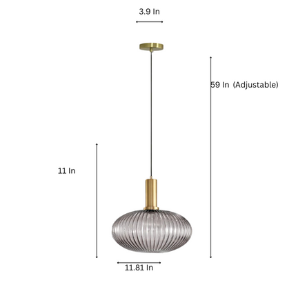 Modern grey glass pendant light with gold accents, industrial chandelier design for kitchen, dining room, and living room.