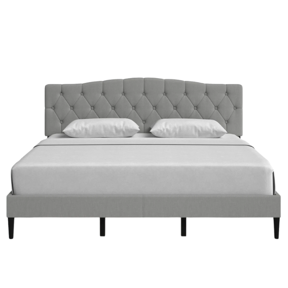 Grey upholstered king-size platform bed with tufted camelback headboard, solid wood slats, and center support legs

