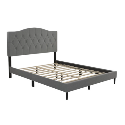 Grey upholstered king-size platform bed with tufted camelback headboard, solid wood slats, and center support legs


