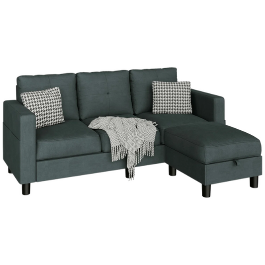 Modern grey L-shaped sectional sofa with storage ottoman, stain-resistant polyester-blend fabric, and firm square-arm design.

