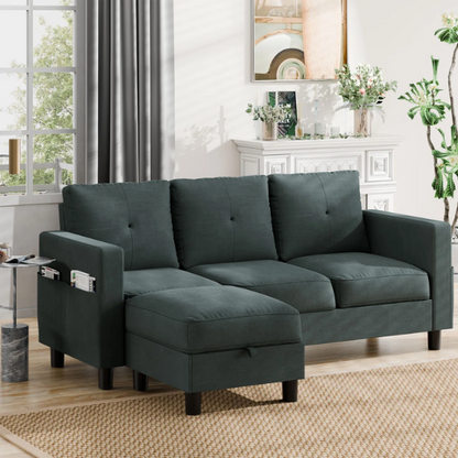Modern grey L-shaped sectional sofa with storage ottoman, stain-resistant polyester-blend fabric, and firm square-arm design.

