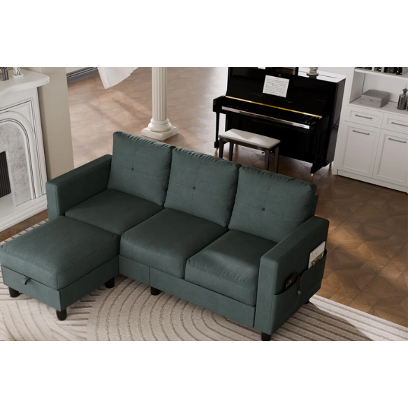 Modern grey L-shaped sectional sofa with storage ottoman, stain-resistant polyester-blend fabric, and firm square-arm design.

