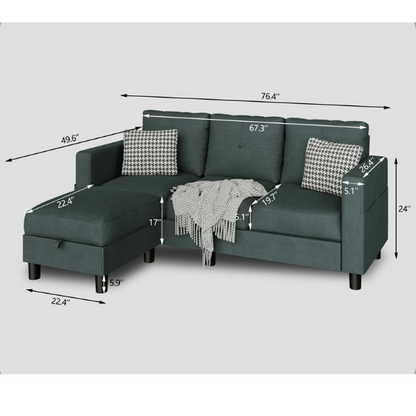 Modern grey L-shaped sectional sofa with storage ottoman, stain-resistant polyester-blend fabric, and firm square-arm design.


