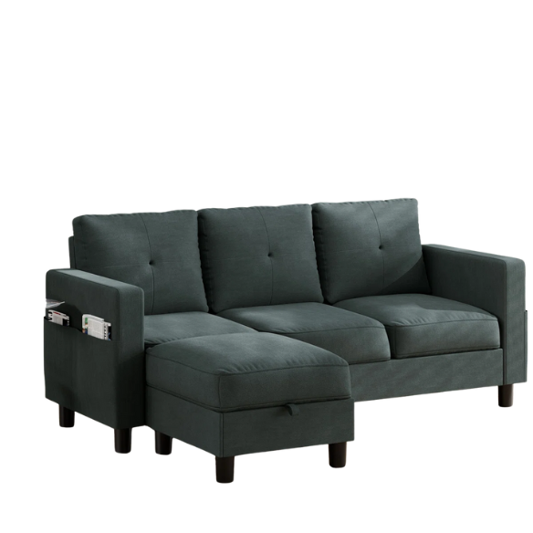 Modern grey L-shaped sectional sofa with storage ottoman, stain-resistant polyester-blend fabric, and firm square-arm design.

