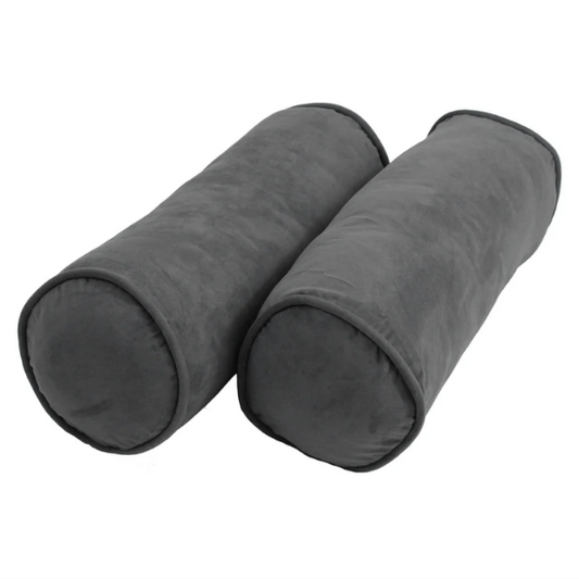 Set of 2 grey bolster throw pillows with soft microsuede covers, corded edges, and plush polyester fill, designed to add comfort and style to modern home décor.

