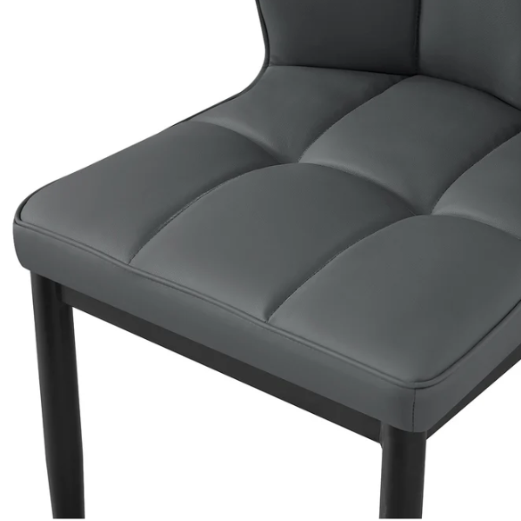 Grey faux leather dining chairs with checkered backrest and metal legs in a set of two