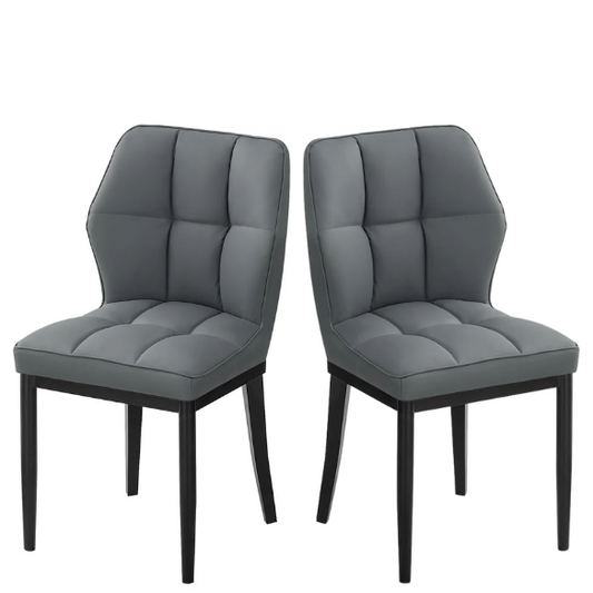 Grey faux leather dining chairs with checkered backrest and metal legs in a set of two