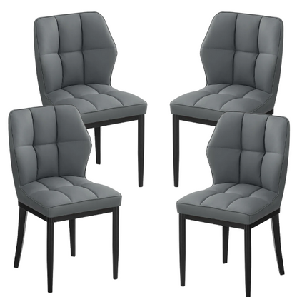 Grey faux leather dining chairs with checkered backrest and metal legs in a set of two