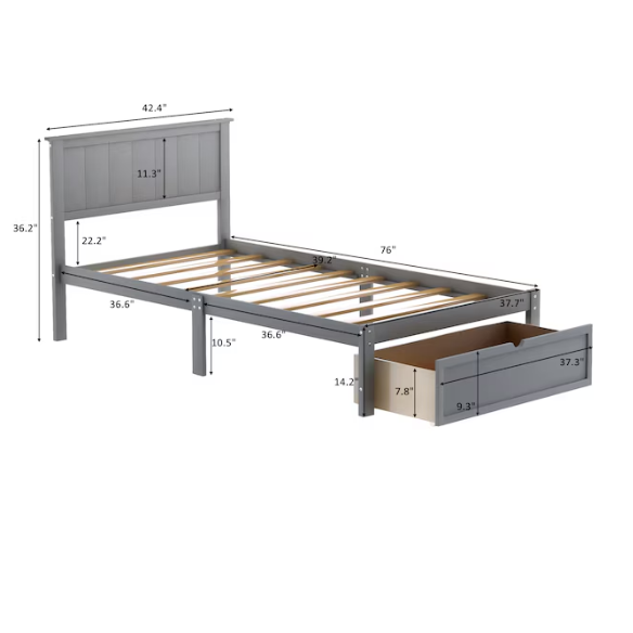 Grey twin platform bed made from solid pine wood with a rectangular headboard and a pull-out underbed storage drawer, featuring sturdy center support legs and a clean modern finish.

