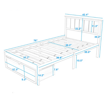 Grey twin platform bed made from solid pine wood with a rectangular headboard and a pull-out underbed storage drawer, featuring sturdy center support legs and a clean modern finish.

