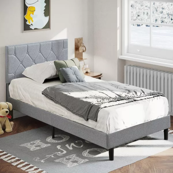 Modern grey upholstered twin bed with button-tufted headboard, steel frame, and slatted base – no box spring required