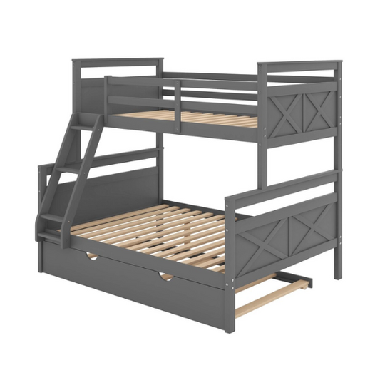 Grey twin over full wood bunk bed with pull-out trundle, safety guardrails, and angled ladder – space-saving design for kids or guest rooms.