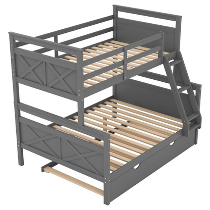 Grey twin over full wood bunk bed with pull-out trundle, safety guardrails, and angled ladder – space-saving design for kids or guest rooms.