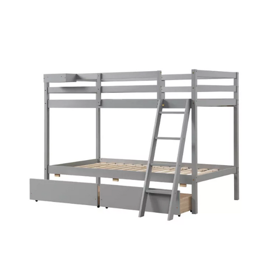 Grey twin-over-twin bunk bed with storage drawers, safety guardrails, and ladder, made of sturdy pine wood with modern design for kids’ bedrooms