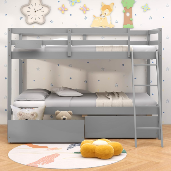 Grey twin-over-twin bunk bed with storage drawers, safety guardrails, and ladder, made of sturdy pine wood with modern design for kids’ bedrooms