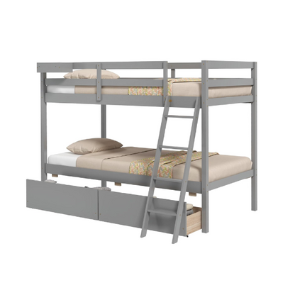 Grey twin-over-twin bunk bed with storage drawers, safety guardrails, and ladder, made of sturdy pine wood with modern design for kids’ bedrooms