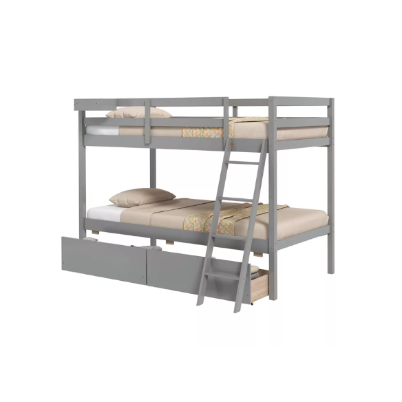 Grey twin-over-twin bunk bed with storage drawers, safety guardrails, and ladder, made of sturdy pine wood with modern design for kids’ bedrooms