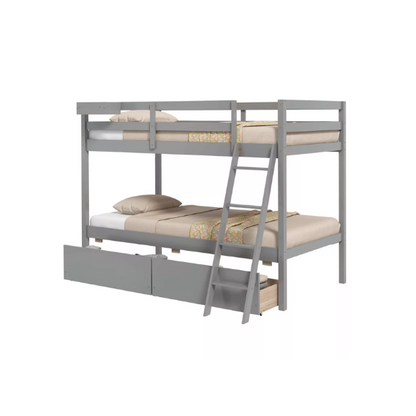 Grey twin-over-twin bunk bed with storage drawers, safety guardrails, and ladder, made of sturdy pine wood with modern design for kids’ bedrooms